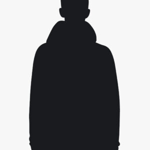 Silhouette of a person wearing a hoodie against a light background.